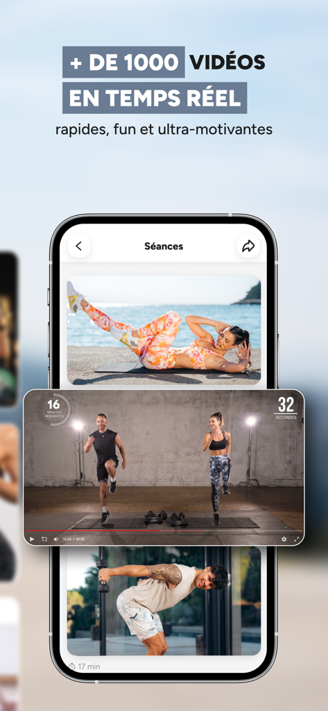 Sport & Nutrition - TSE - Interfaz de la aplicación móvil Trainsweateat que muestra más de 1000 videos de fitness y entrenamiento de fuerza en tiempo real.