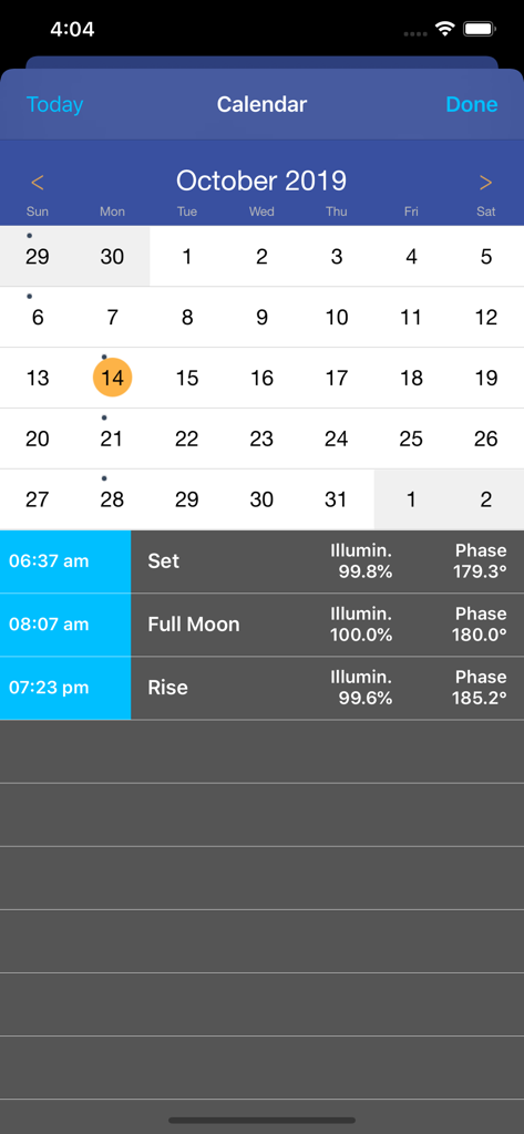 Moon Seeker app calendar interface displaying lunar phases and moonrise moonset times