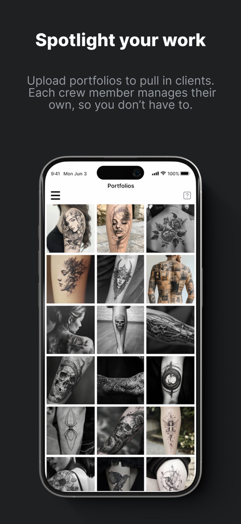 Tattoo Studio Pro - An iPhone screen displaying a grid of high-quality tattoo portfolios within the Tattoo Studio Pro management app.