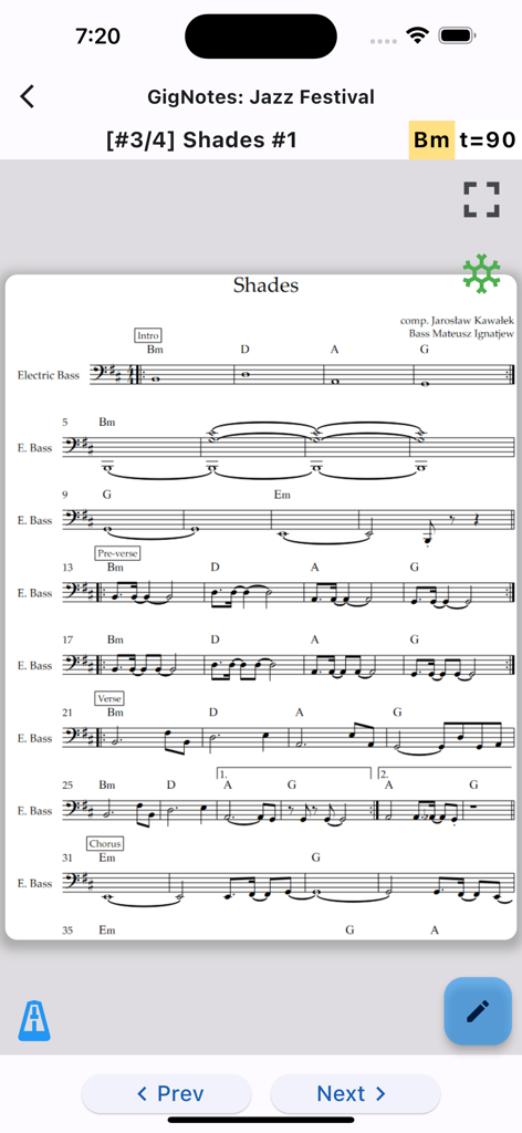 GigNotes – Setlists & Sheets - GigNotes app interface displaying electric bass sheet music with chord symbols and tempo markings for a jazz festival performance.