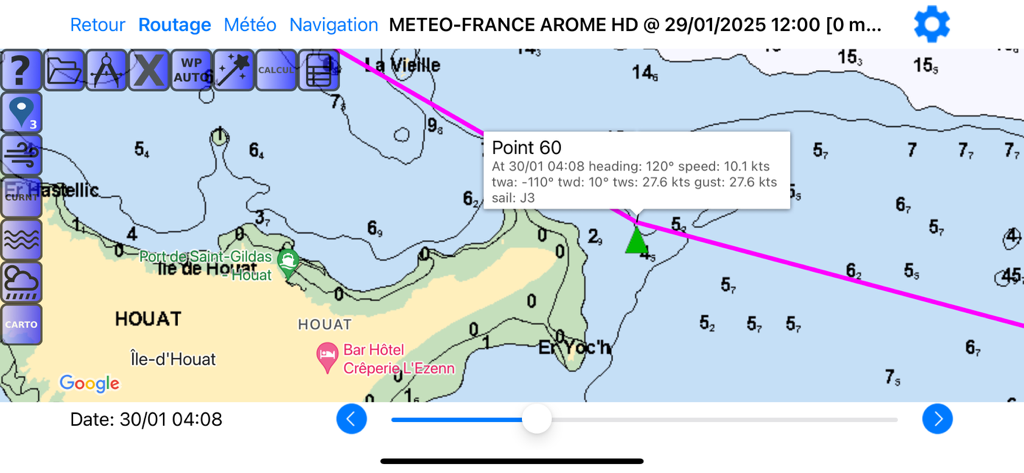Avalon Offshore App-Anzeige mit einer Seekarte mit Routenplanung und Navigationsdaten