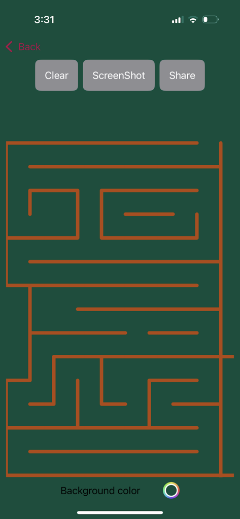 Maze Lab Creator - デザインおよび共有ツールを備えた緑色の背景に描かれたオレンジ色の手描き迷路を示す迷路ラボクリエイターアプリのインターフェース。