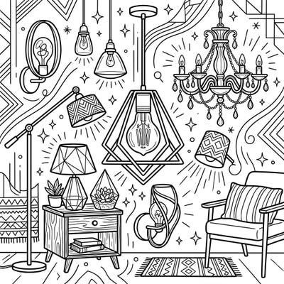 Dive into the dazzling world of modern interior design with this unique coloring page featuring a variety of trendy lighting fixtures. Perfect for teens, this intricate design offers a creative way to explore different styles and unleash your artistic flair.