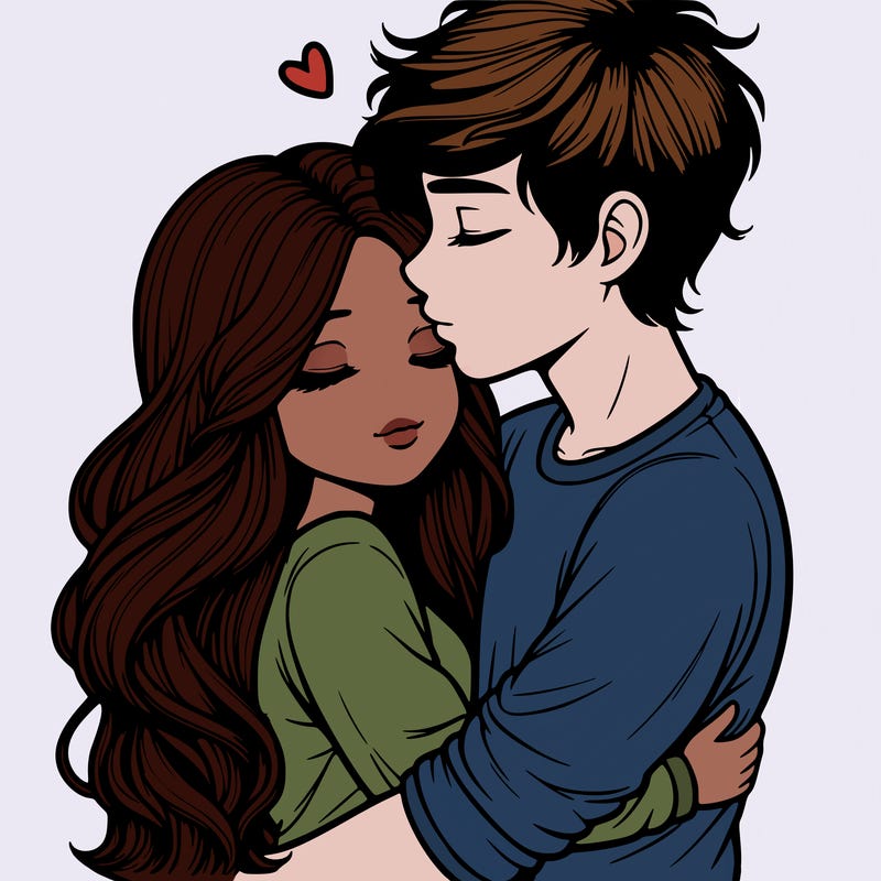 a realistic couple boy and girl hugging and kissing