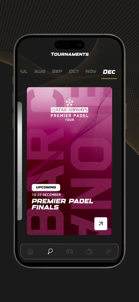 A mobile app screen showing the Premier Padel tournament schedule with a focus on the December finals event.