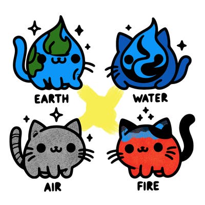 4 cats that represent the different elements, earth, water, air, and fire