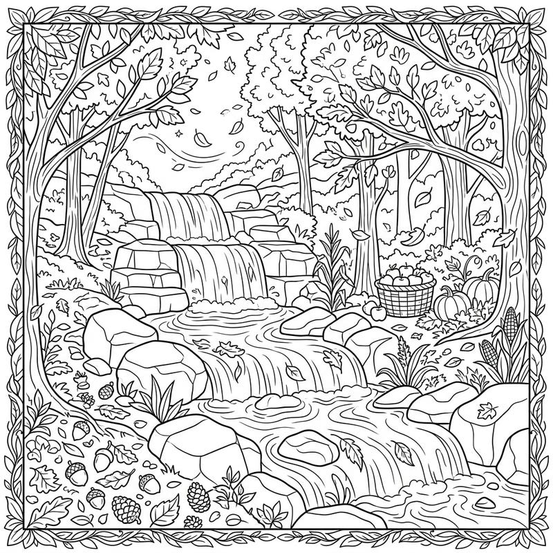 Explore the serene beauty of an autumn cascade waterfall in this intricate coloring page. Dive into a world of falling leaves, rustic harvest elements, and flowing water ready for your creative touch.