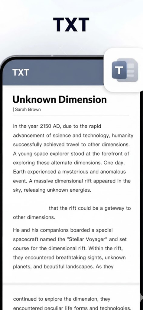 Pantalla de smartphone mostrando la función de visor de archivos de texto de la aplicación Visor de Documentos.