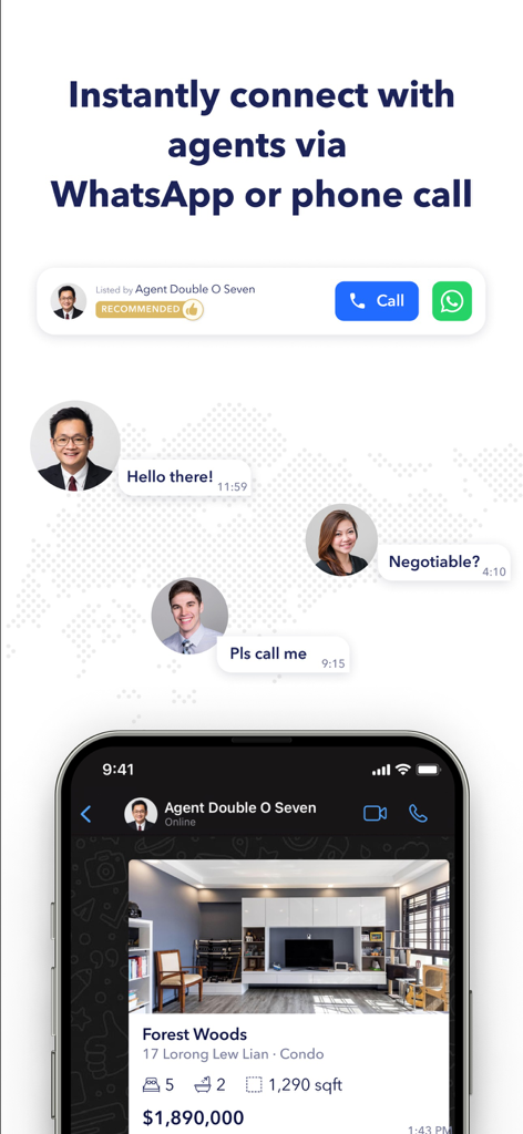 99.co Singapore Property, HDBs - Interface showing options to contact Singapore property agents via WhatsApp and in-app chat