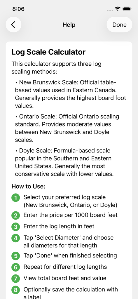 Help screen explaining log scaling methods and instructions in the Log Calculator app