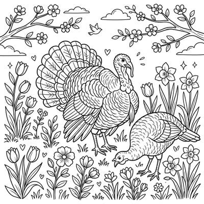 Celebrate the beauty of spring with this delightful coloring page featuring two charming domestic turkeys amidst a garden of blooming flowers. This intricate design invites you to bring the vibrant colors of the season to life with your own creative touch.
