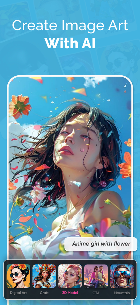 AI Art Photo Editor, GIF Maker - Interface do editor de fotos de arte de IA mostrando uma garota de anime com flores e vários modelos de estilo de arte