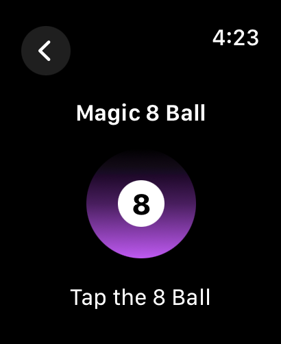 Apple Watch 화면의 매직 8볼 미니게임 인터페이스