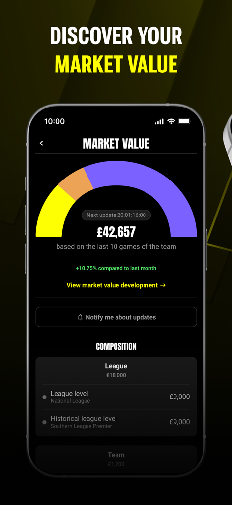 Prematch: Real Football - Prematchアプリのサッカー選手の推定市場価値を視覚的なゲージチャートで表示するスマートフォンの画面。