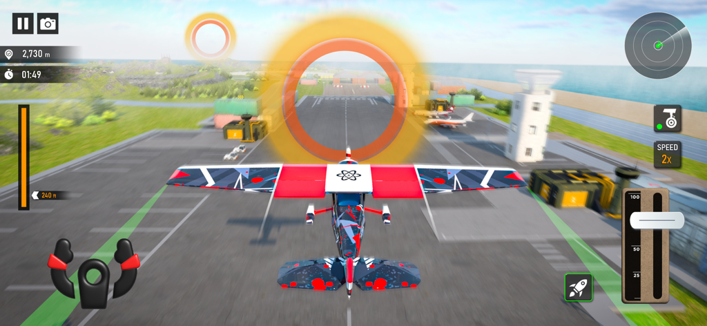 Flight Pilot Airplane Games 23 - A red and white plane flying through an orange checkpoint ring on an airport runway