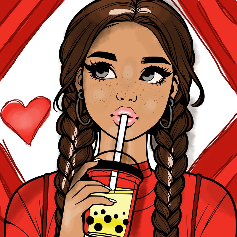 realistic girl with braided hair drinking boba