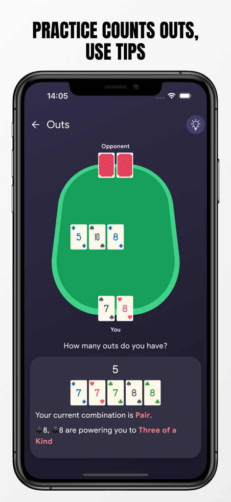 ATHYLPS - Poker Trainer - Interface do ATHYLPS Poker Trainer mostrando um exercício de contagem de outs com cartas comunitárias e de mão em um dispositivo móvel
