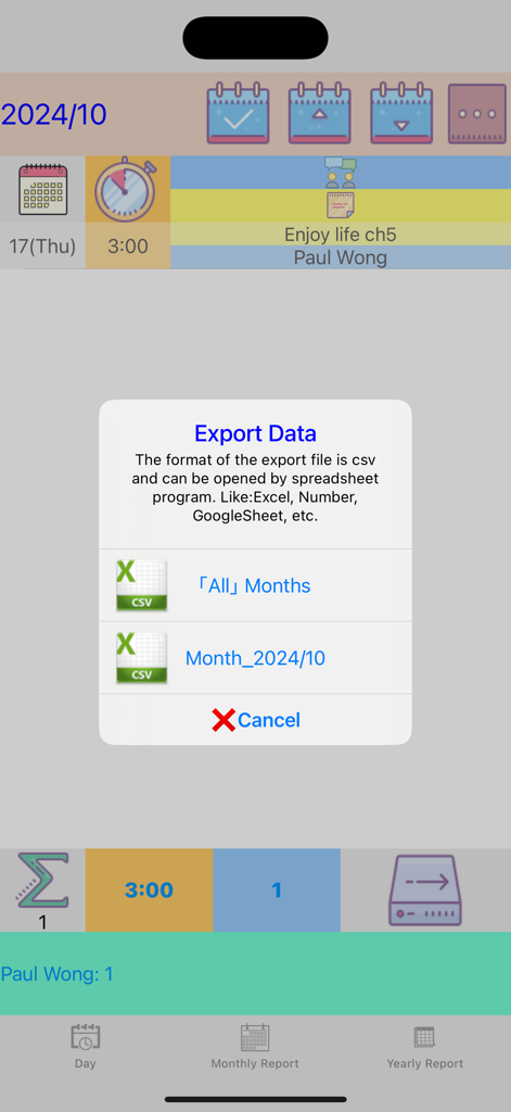 A mobile app interface showing an export data menu with options to download monthly preaching reports as CSV files for Excel or Google Sheets