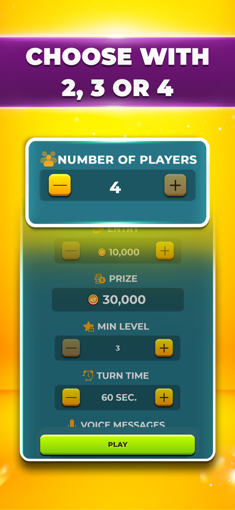 VIP Remi Etalat and Backgammon - Screen showing options to customize a game of Remi Etalat or Backgammon with 2 to 4 players