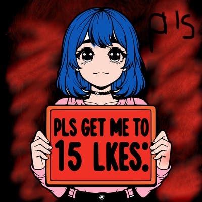 realistic girl holding up a sign that says “pls get me to 15 likes!”