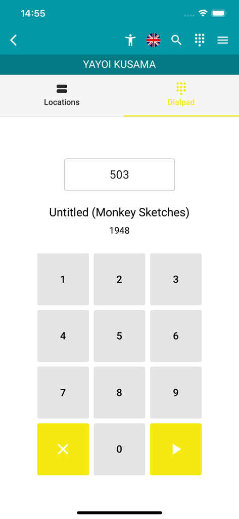 Ludwig x Kusama - Interface de aplicativo móvel para o guia de áudio da exposição Yayoi Kusama apresentando um teclado numérico para inserir códigos de obras de arte, como o número 503 para Esboços de Macacos Sem Título