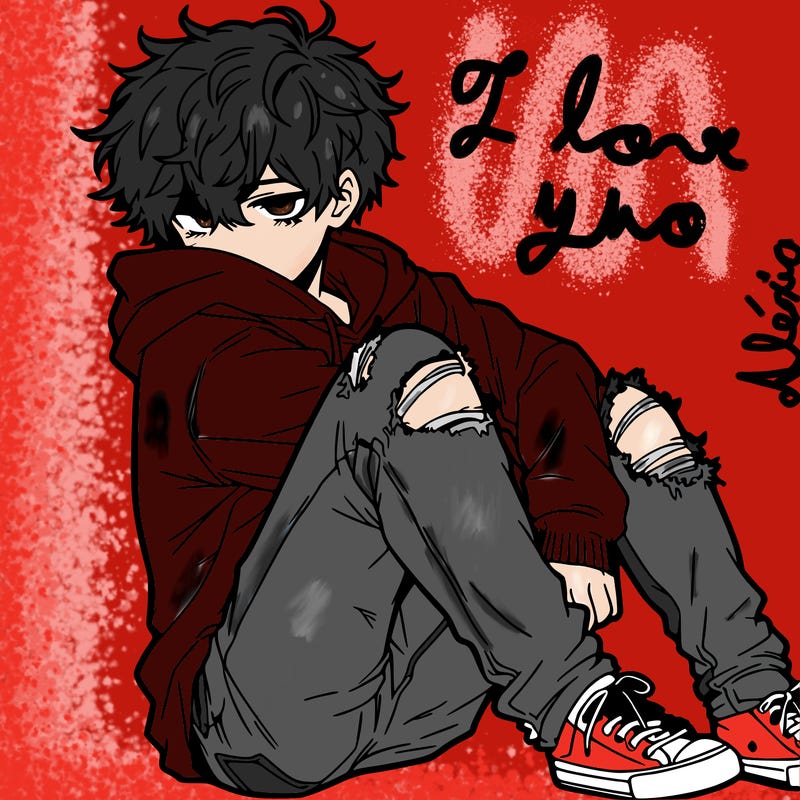 a male hoddie ripped jeans messy hair anime