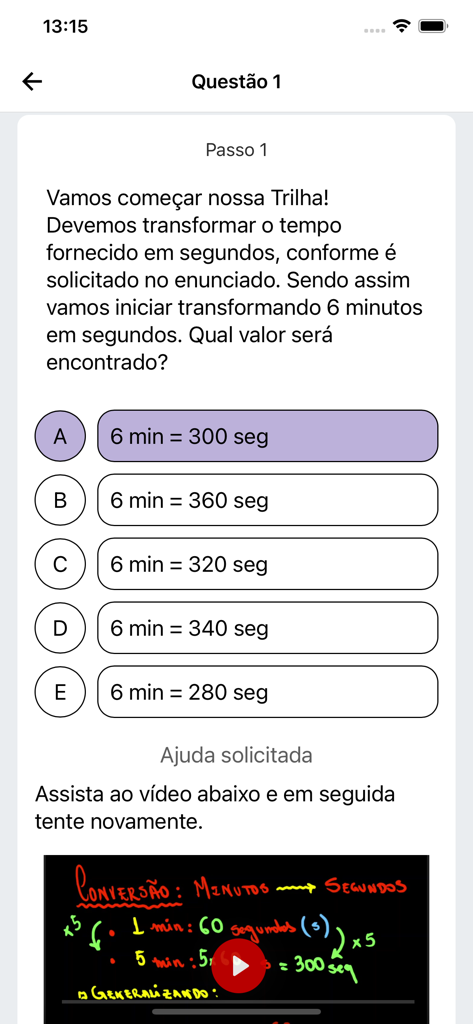 TrilhaEdu - A mobile app screen from TrilhaEdu showing a math question for converting minutes to seconds with a video tutorial for help.