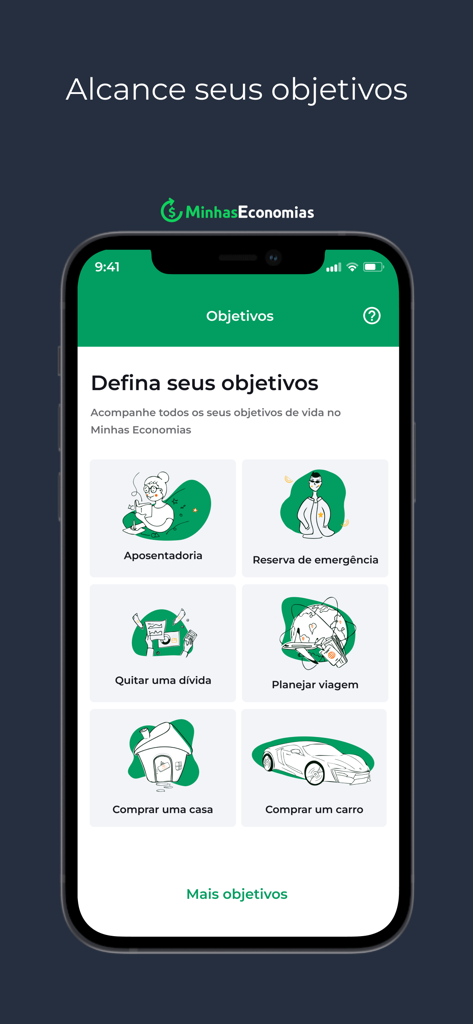 Tela do aplicativo Minhas Economias para definir metas financeiras e objetivos de poupança.