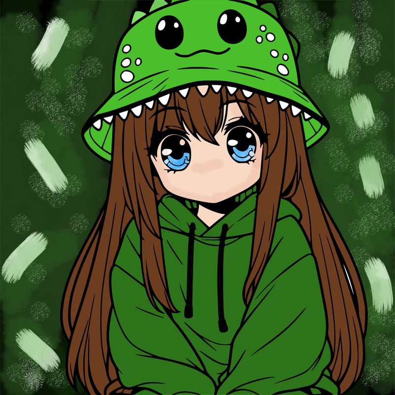 girl with anime shaped eyes with a dinosaur bucket hat oversized sweatshirt long straight hair