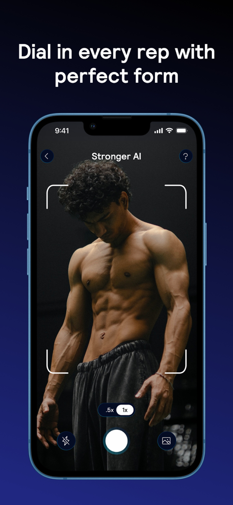 Stronger AI: Gym Planner - Interfaz de cámara de la aplicación móvil Stronger AI para escaneo corporal y análisis de físico