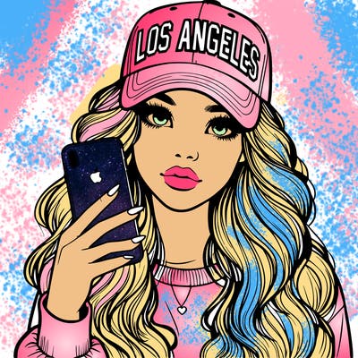 realistic beautiful girl wearing los ángeles cap holding an iphone