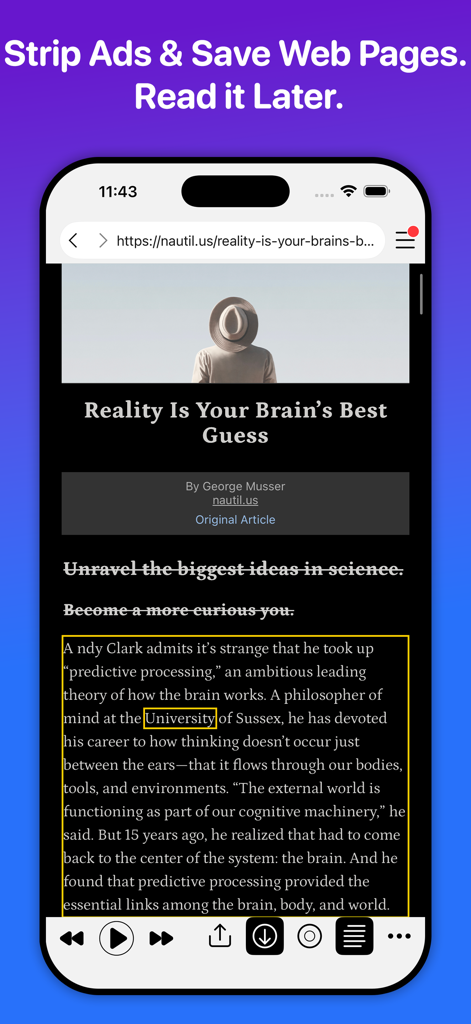 WebOutLoudモバイルアプリ。テキスト読み上げのためのテキストハイライト付きのリーダーモードでウェブサイトを表示