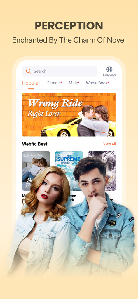 Webfic mobile app home screen showing popular romance stories and novel recommendations