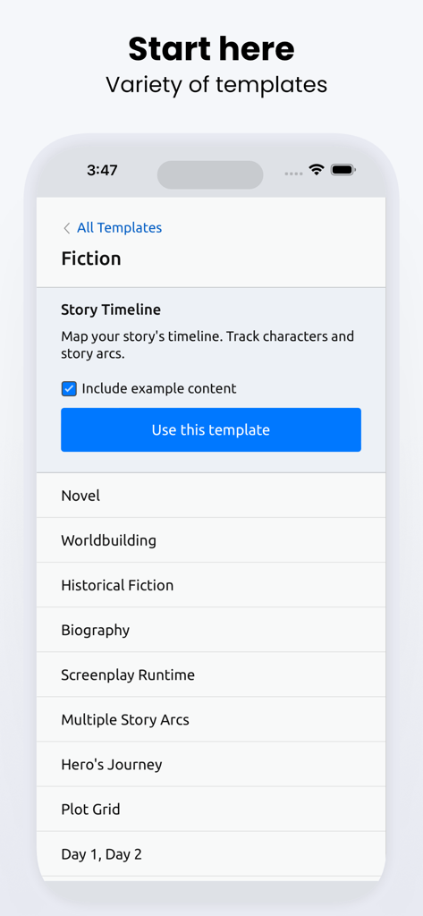 Aeon Timeline 3 - Écran de l'application Aeon Timeline 3 affichant une liste de modèles d'écriture de fiction, y compris la chronologie d'histoire et la création de mondes