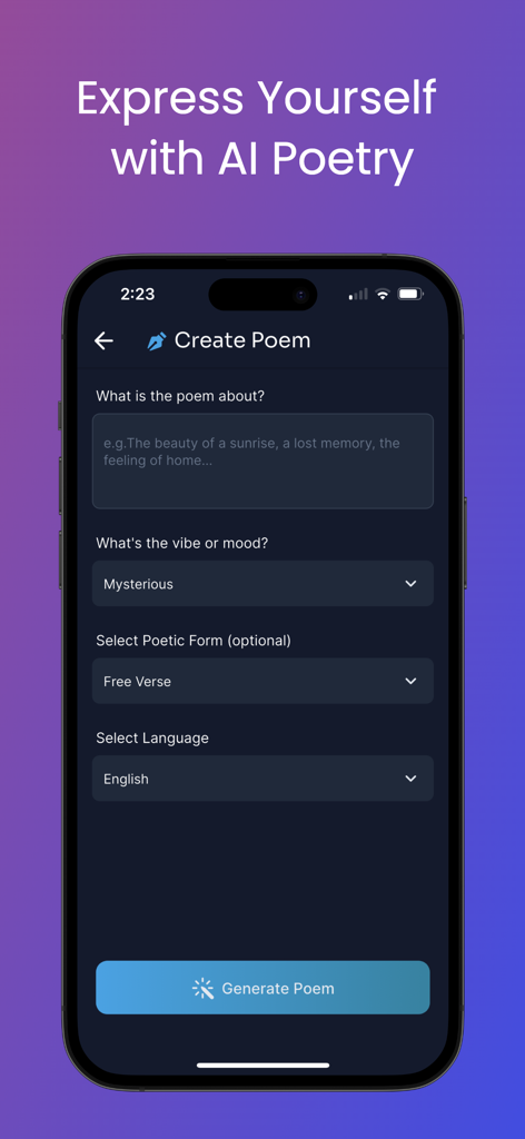 AI Poem & Lyric Generator - Oberfläche der KI-Gedicht- und Lyric-Generator-App, die den Bildschirm zur Gedichterstellung mit anpassbaren Optionen für Stimmung und Form zeigt
