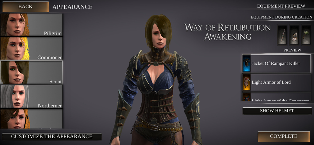 Way of Retribution: Awakening - Charakteranpassungsmenü in Way of Retribution Awakening, das eine weibliche Kriegerin und Rüstungsoptionen zeigt