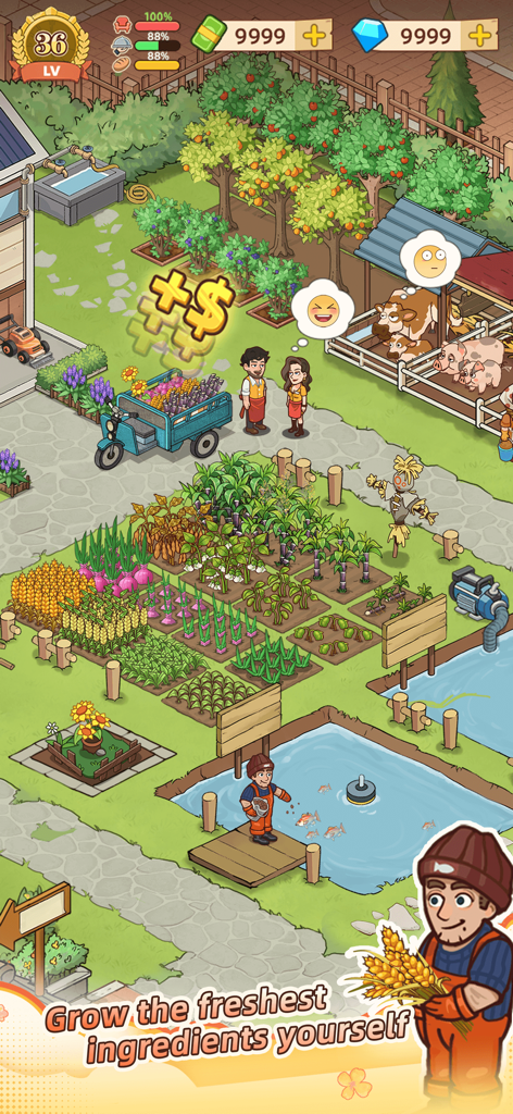 My Bakery Story-Decorate &Grow - A colorful farm scene showing crops animals and a pond for growing ingredients in My Bakery Story