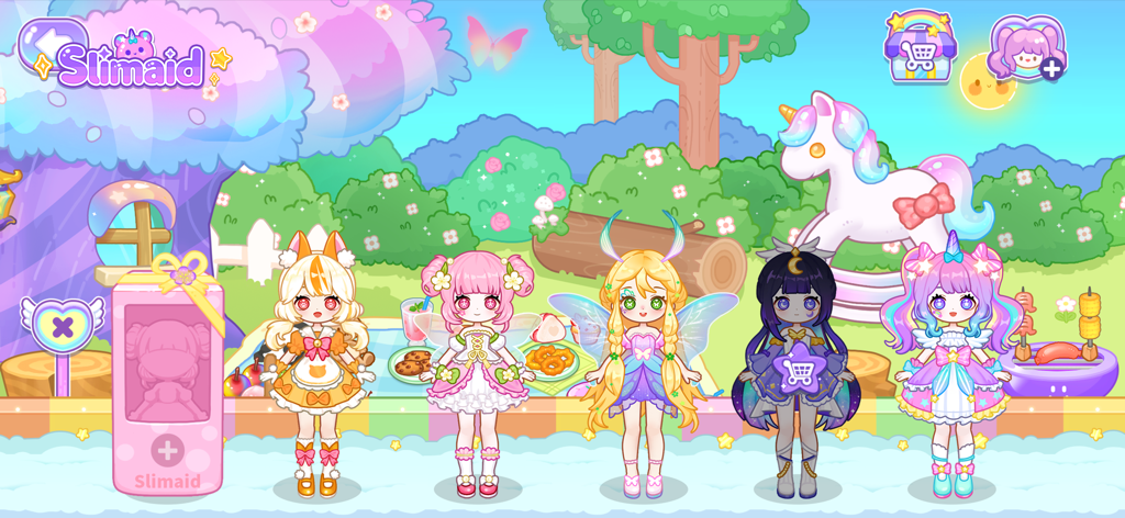 Slimaid Princess: Unicorn - Five cute princess characters in a whimsical unicorn-themed outdoor park with a picnic