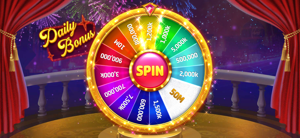 Cash Royal Casino - Rueda de bonificación diaria con grandes recompensas de monedas en Cash Royal Casino.