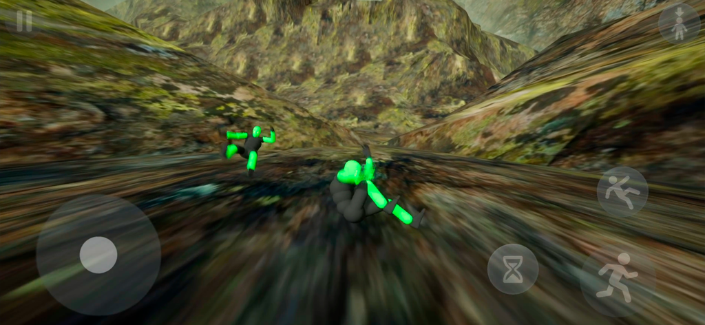 Two glowing green ragdoll characters sliding down a rocky mountain slope in the GORAG physics sandbox game.