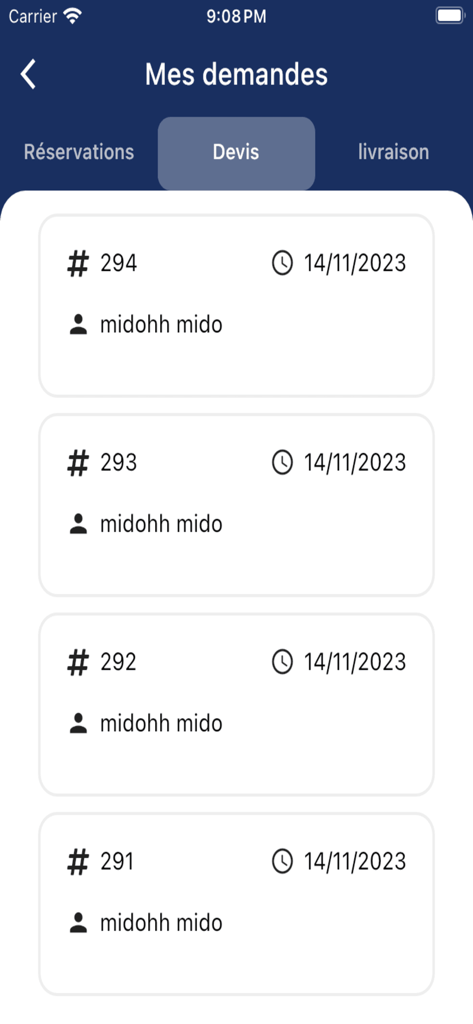 Doctor MAOUT - Un écran montrant une liste de demandes de devis d'analyses médicales dans l'application Doctor MAOUT