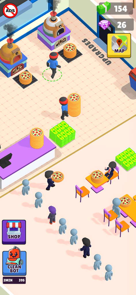 Idle Pizza Tycoon Shop Game - Top down view of a busy pizza shop with staff carrying stacks of pizzas and customers waiting in line