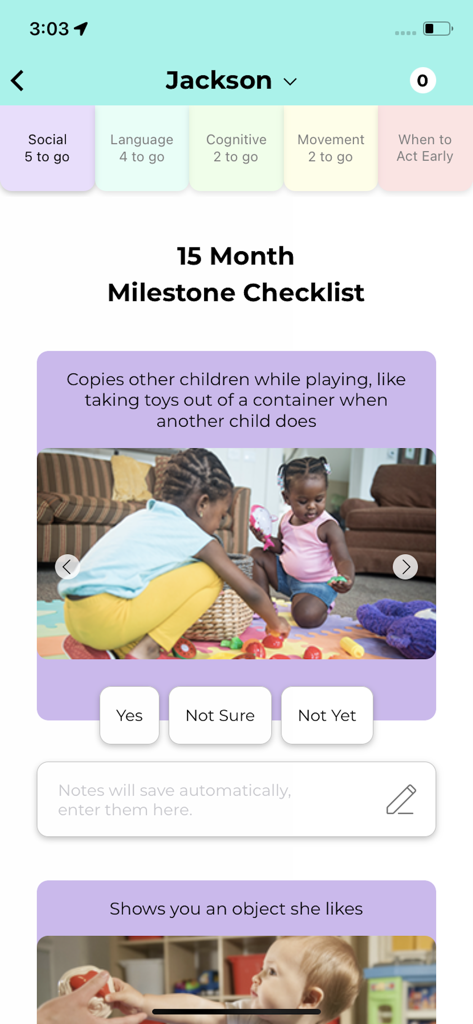 CDC's Milestone Tracker - CDC Meilenstein-Tracker-App zeigt eine Checkliste zur sozialen Entwicklung für 15 Monate