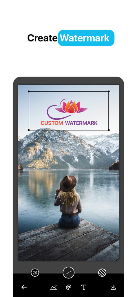 Create Flyers & Logos - Maker - Mobile app interface showing a custom lotus logo being applied as a watermark over a scenic photo of a person sitting by a lake