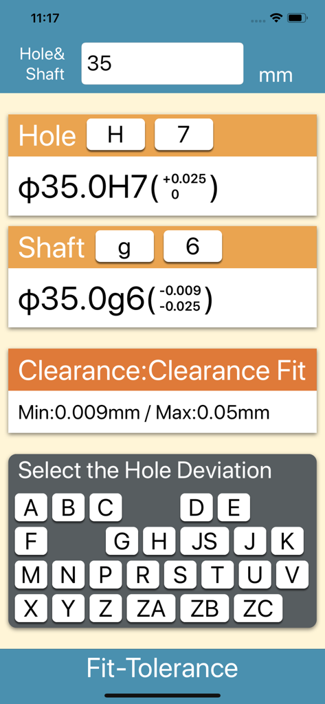 Fit Tolerance Calculator mobile app interface displaying ISO clearance fit measurements for hole and shaft