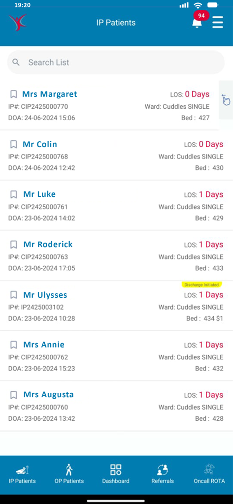 A list of inpatient patients in the KIMS EHR mobile application showing length of stay and ward info