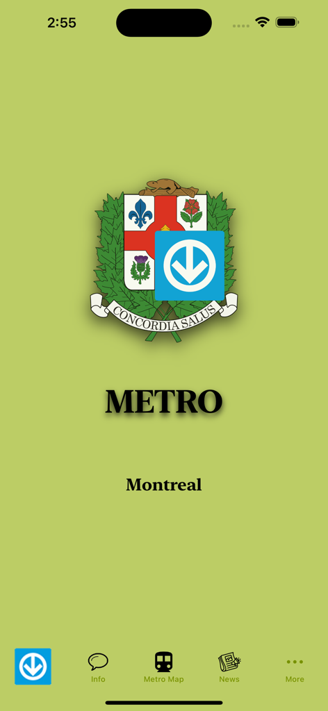Pantalla de inicio de la aplicación Mapa del Metro de Montreal con el escudo de la ciudad de Montreal y el menú de navegación.