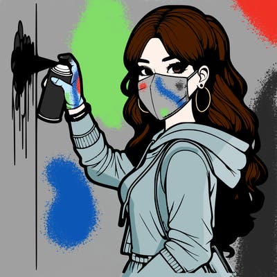 realistic girl with mask spray painting a wall