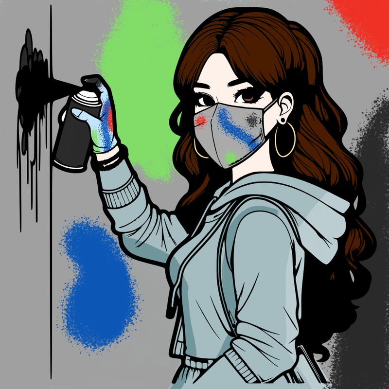 realistic girl with mask spray painting a wall