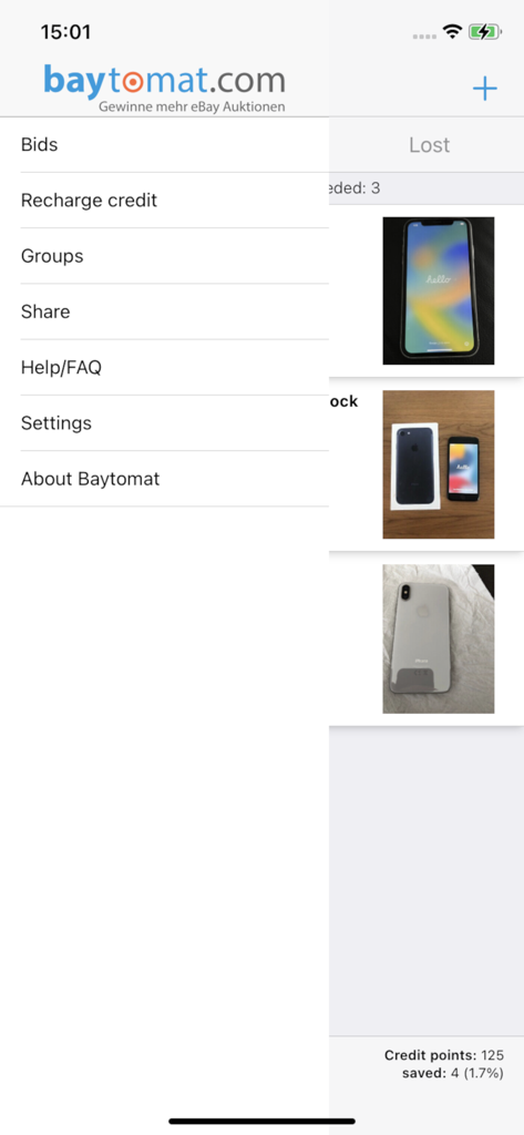 Side menu of the Baytomat eBay auction sniper app showing navigation options and account credit.